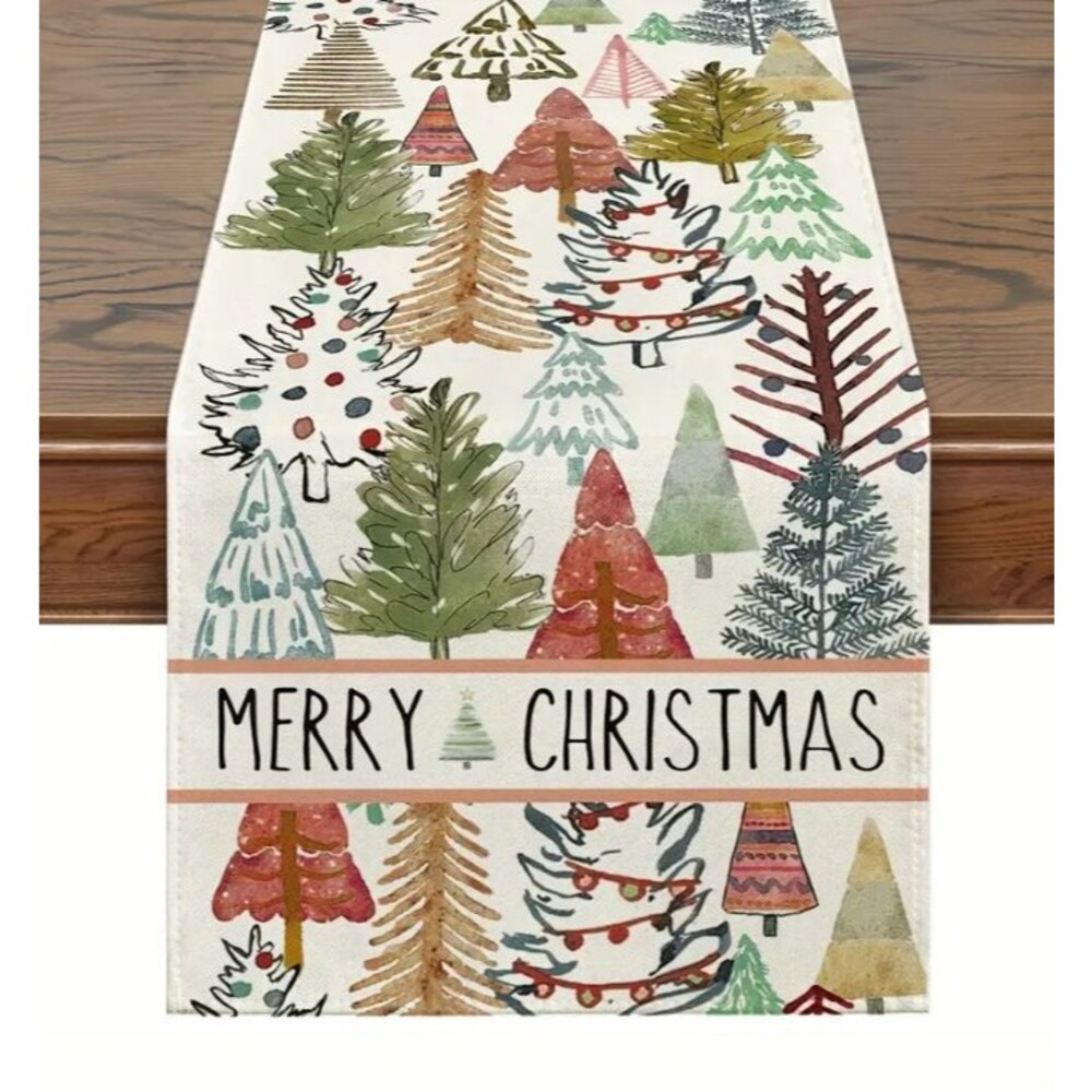 Christmas Table Runner 13x72in Polyester off white with Christmas Trees New
